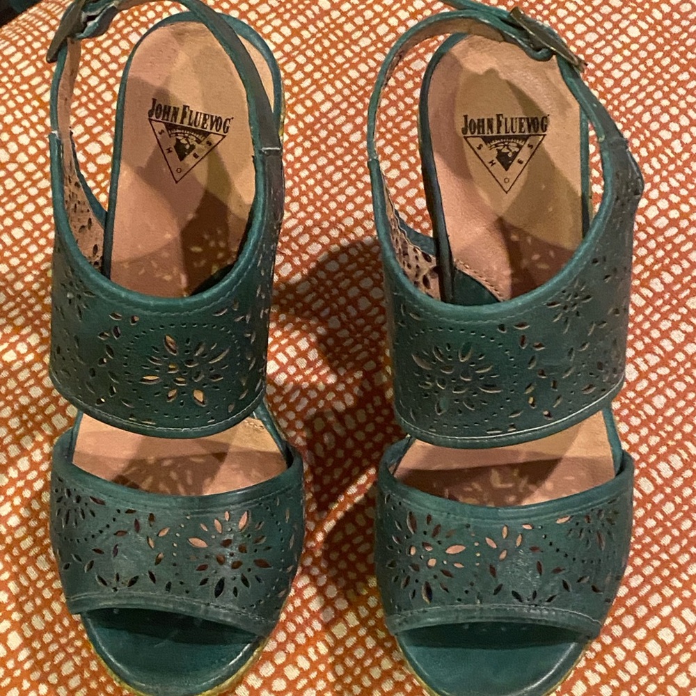 John Fluevog Teal Cutout Sandals
